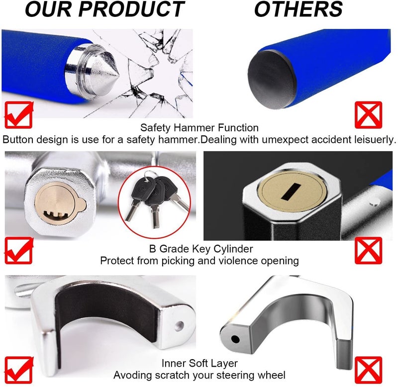 Tevlaphee Steering Wheel Lock Anti-Theft Car Device, Blue, Key Lock, Protects Against Prying, Sawing, Hammering, and Freon Attacks - Image 3